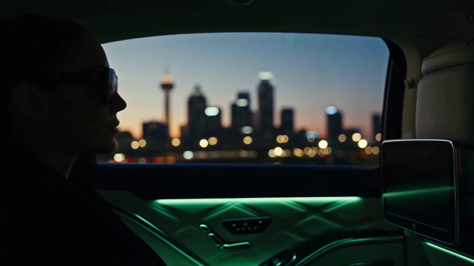 The city at dusk from a green-lit rear cabin